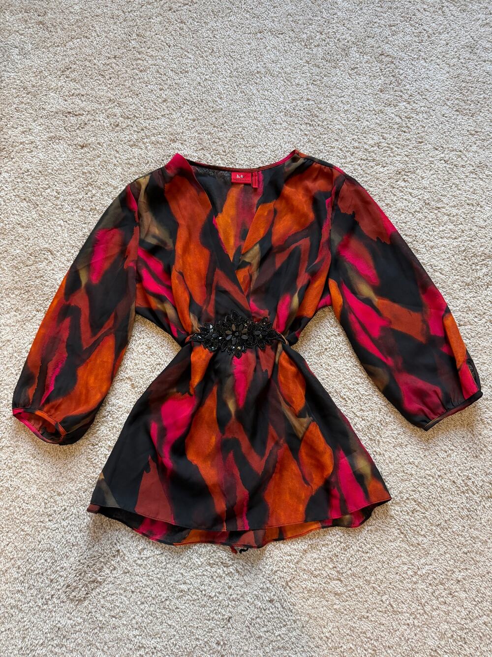 Tapemeasure Abstract Chiffon Beaded Balloon Sleeve Tunic Top Women's Large Y2K